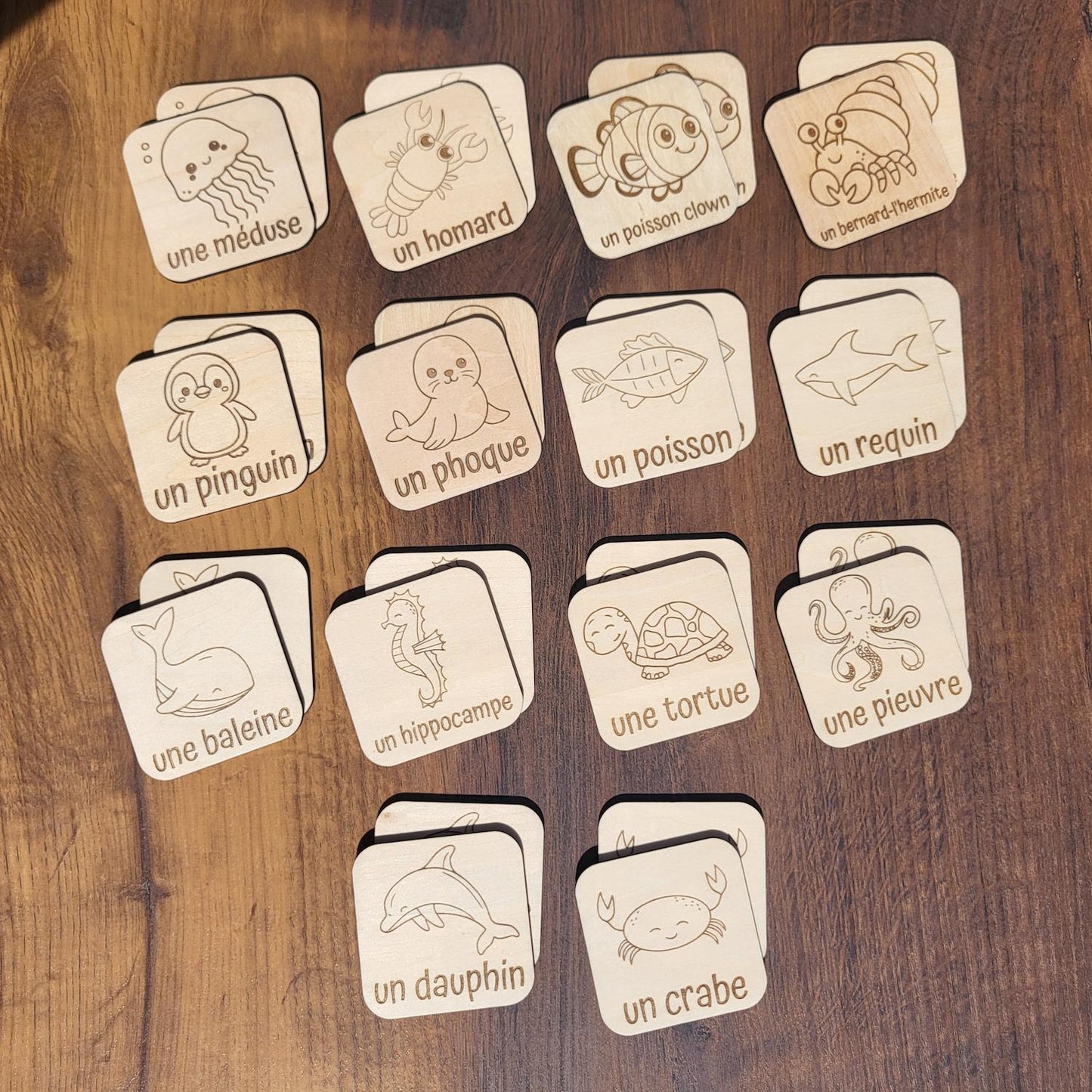 🐳Memory Image+mot Animaux marins – Jeu éducatif en bois